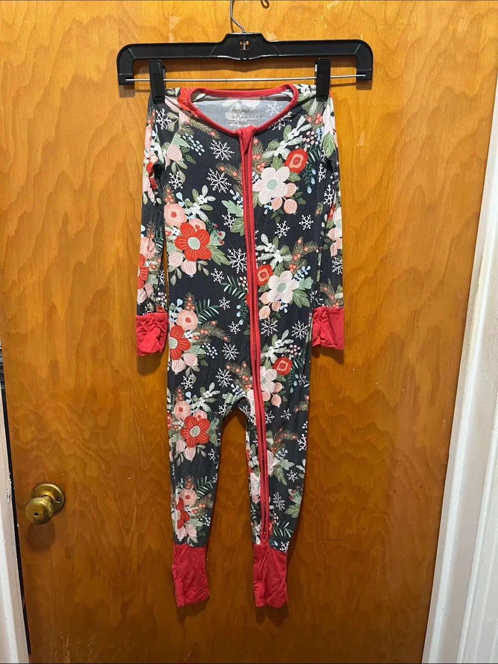 Little Sleepies Charcoal Floral Footed One-Piece with Red Trim